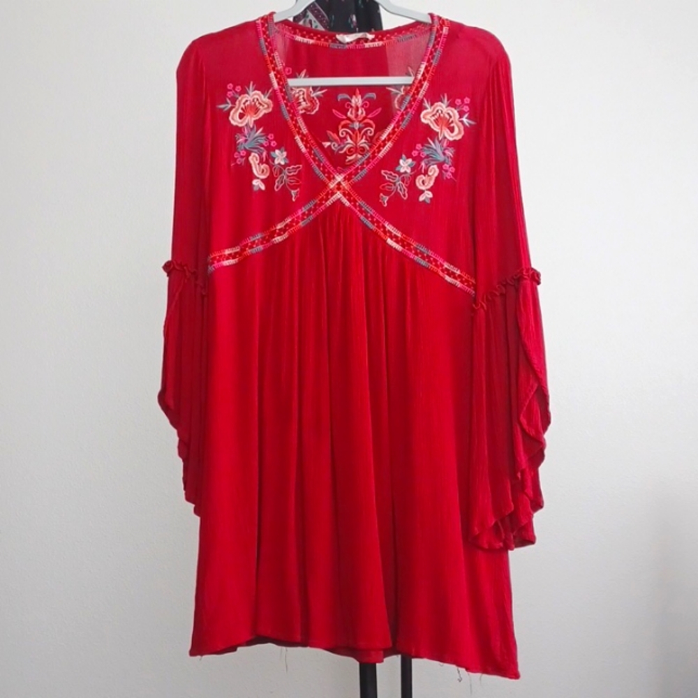 Altar'd State Red Embroidered Bell Sleeve Dress | M - Picture 2 of 5